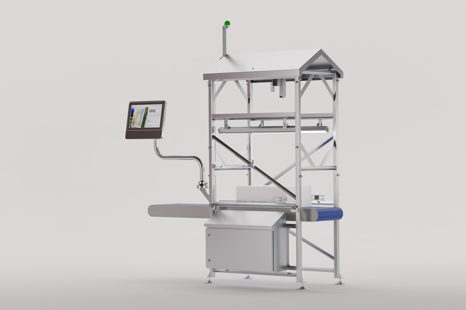 The MeatVision station: stainless enclosure with hood, mounted over the conveyor
